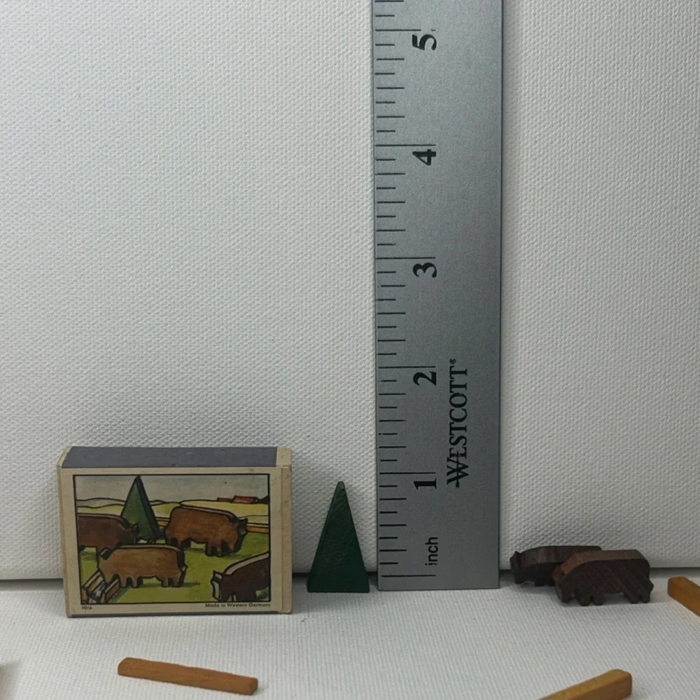 Vintage Wooden Buffalo Play Set w/ 4 Figures, Fence & Tree, Made Western Germany